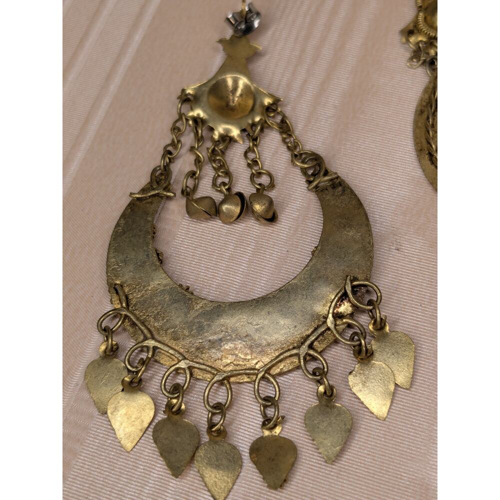 Vintage Gold Tone Chandelier Earrings Round Bell Accents Belly Dancer Coin Drop - Picture 7 of 10